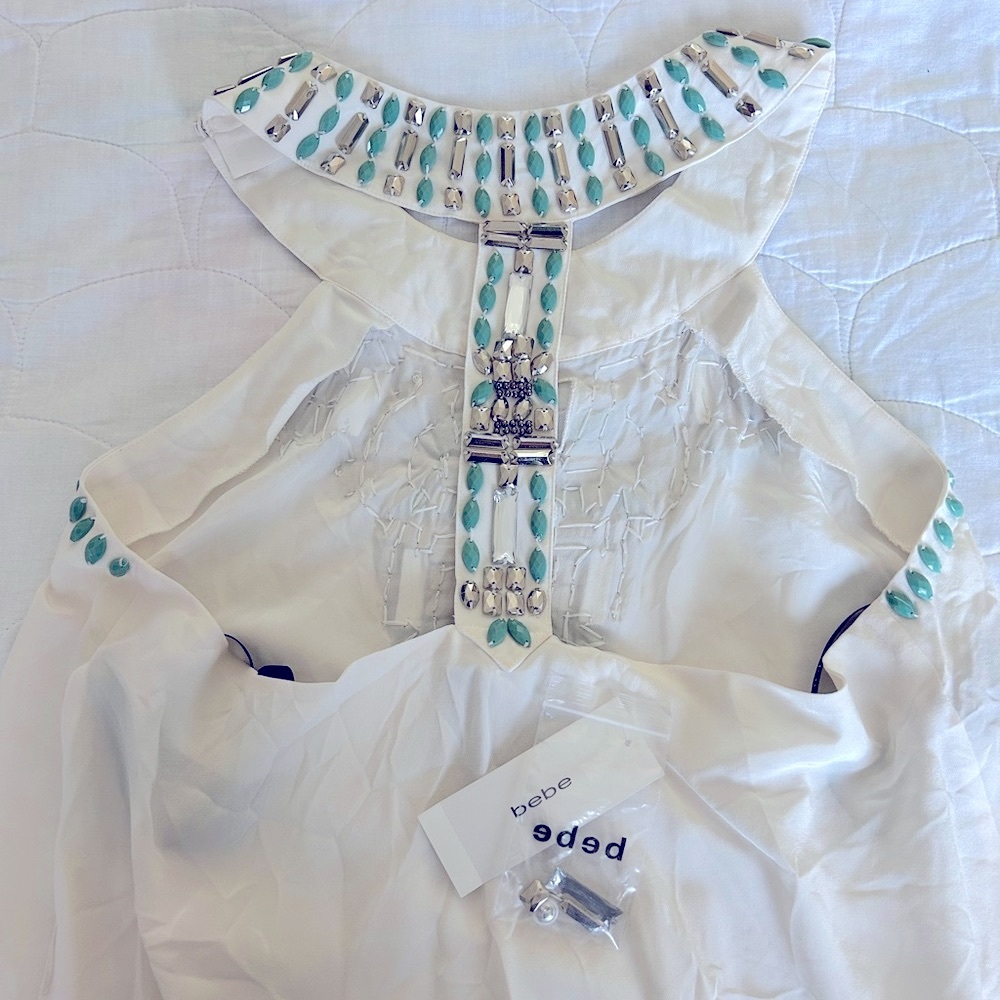 Bebe White Tunic with Silver Beading & Turquoise Embellishments - Picture 4 of 6